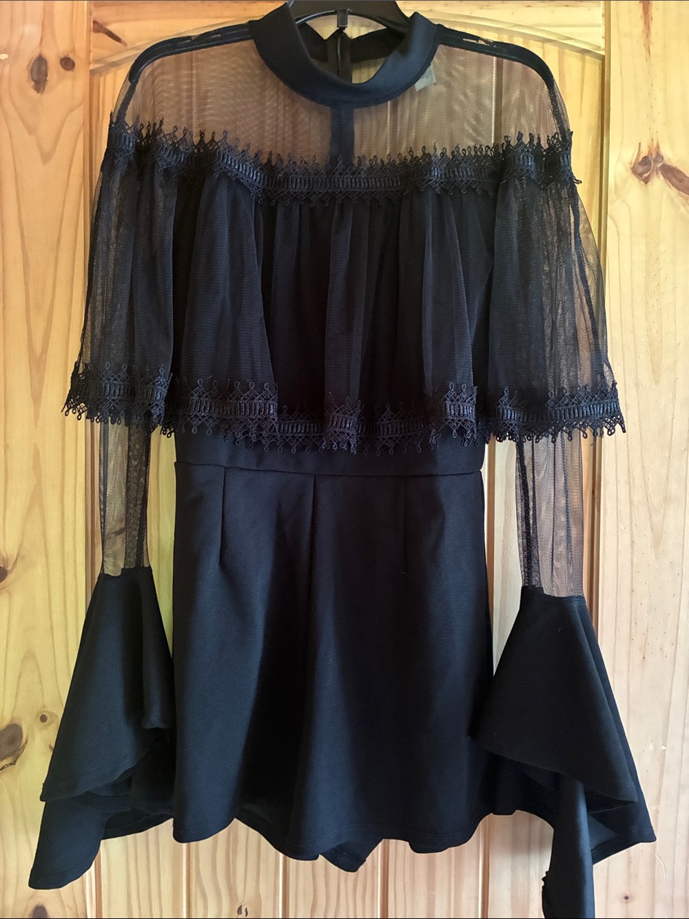 Black Sheer Lace Yoke Bell Sleeve Women's Romper